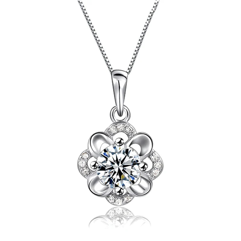 925 Sterling Silver Flower CZ Pendant Necklace-0