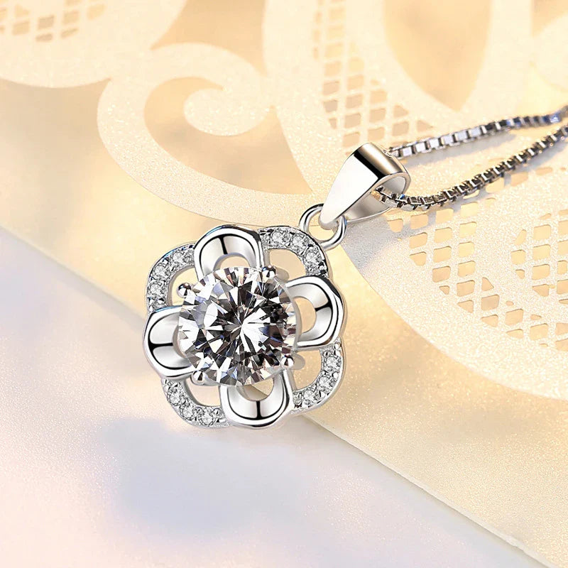 925 Sterling Silver Flower CZ Pendant Necklace-3