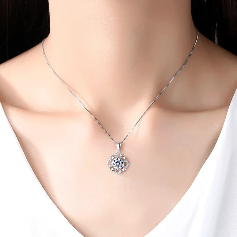925 Sterling Silver Flower CZ Pendant Necklace-4