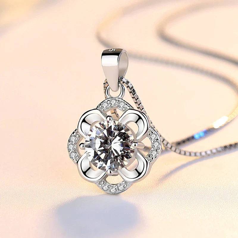 925 Sterling Silver Flower CZ Pendant Necklace-1