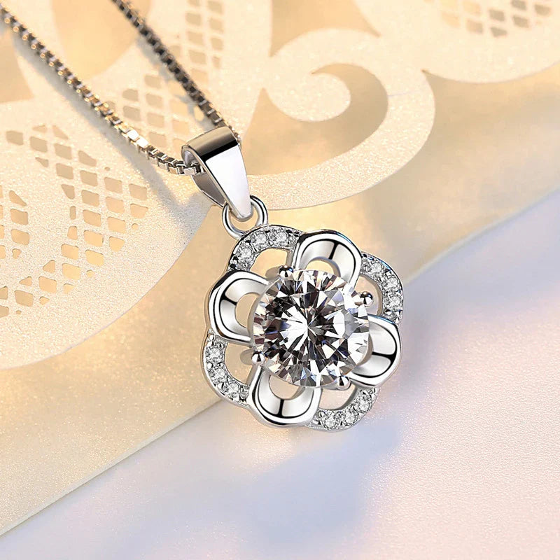 925 Sterling Silver Flower CZ Pendant Necklace-2