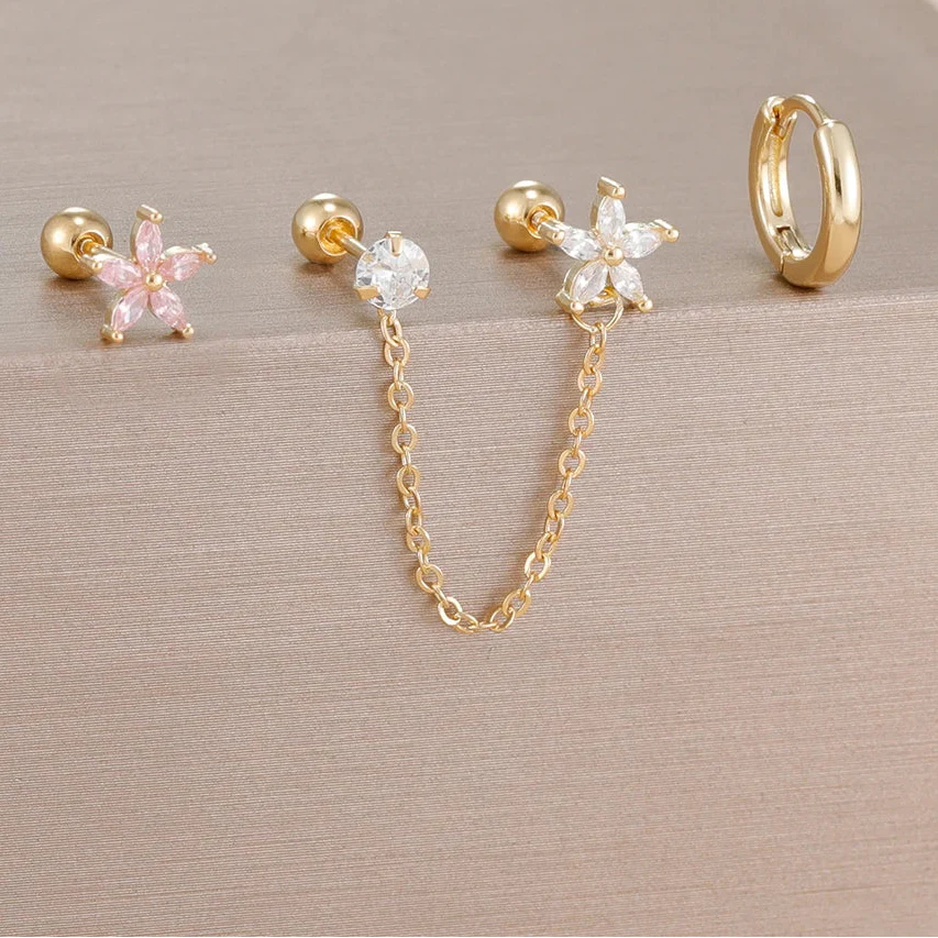 3PCS Zircon Flower Ear Stud Earrings-10