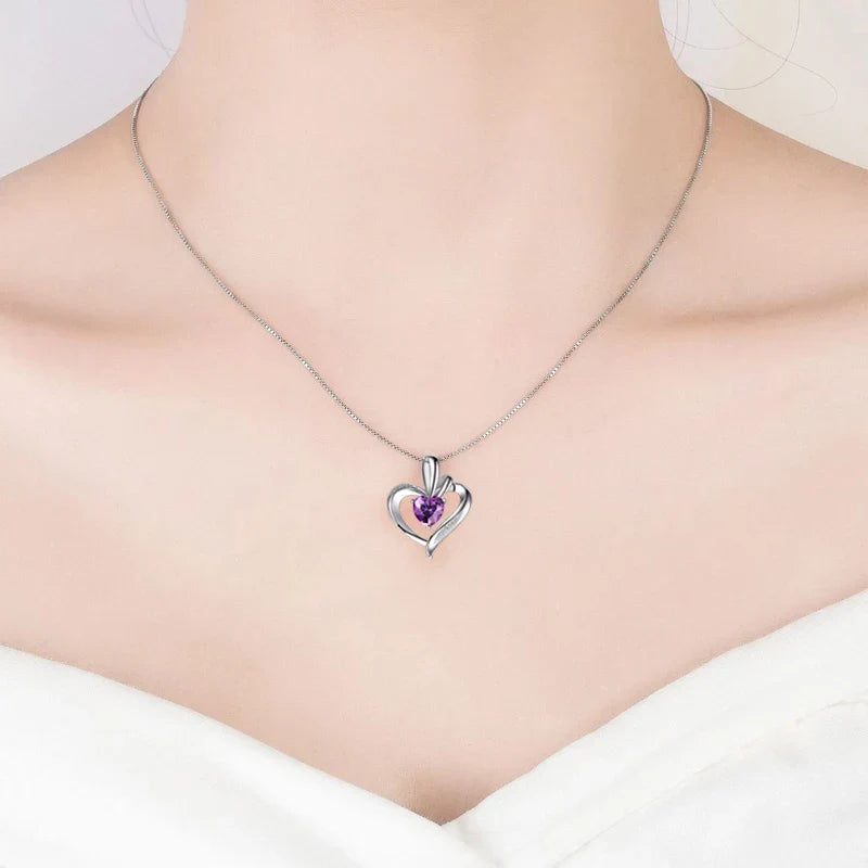 925 Silver Purple Zircon Heart Pendant Necklace-1