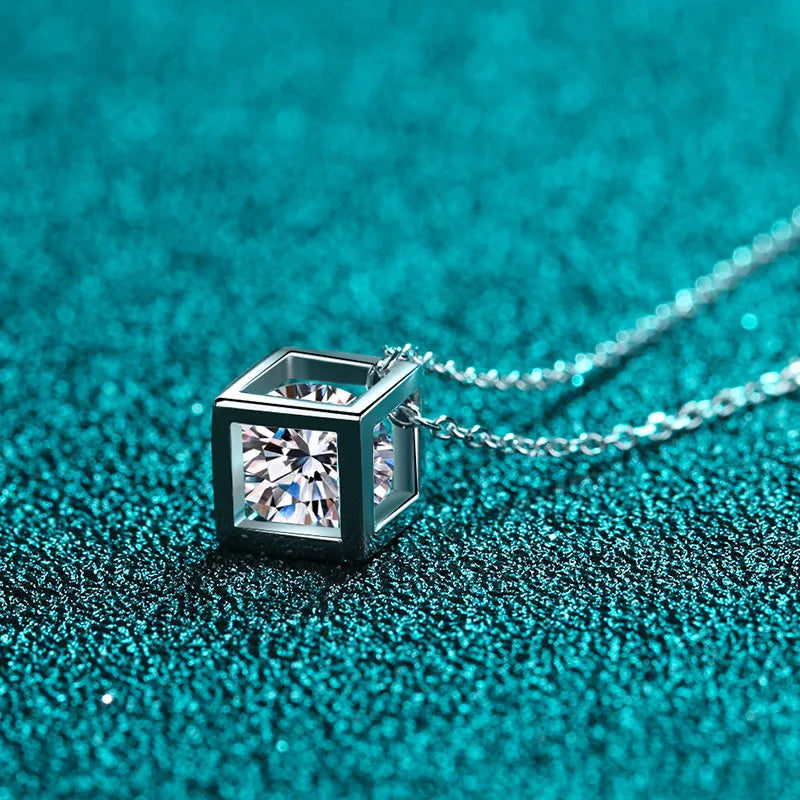 S925 Sterling Silver 1CT Moissanite Square Pendant Necklace-1
