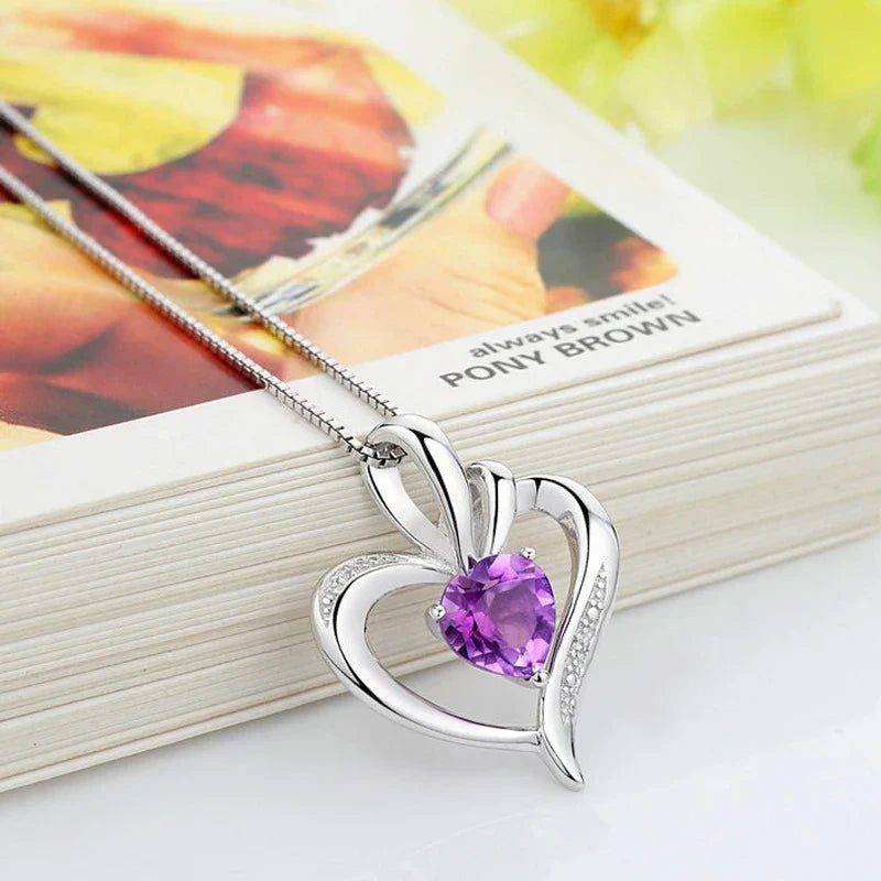 925 Silver Purple Zircon Heart Pendant Necklace-2