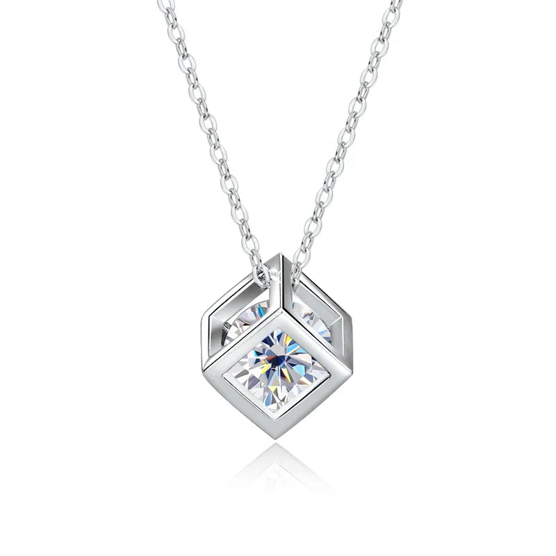 S925 Sterling Silver 1CT Moissanite Square Pendant Necklace-0