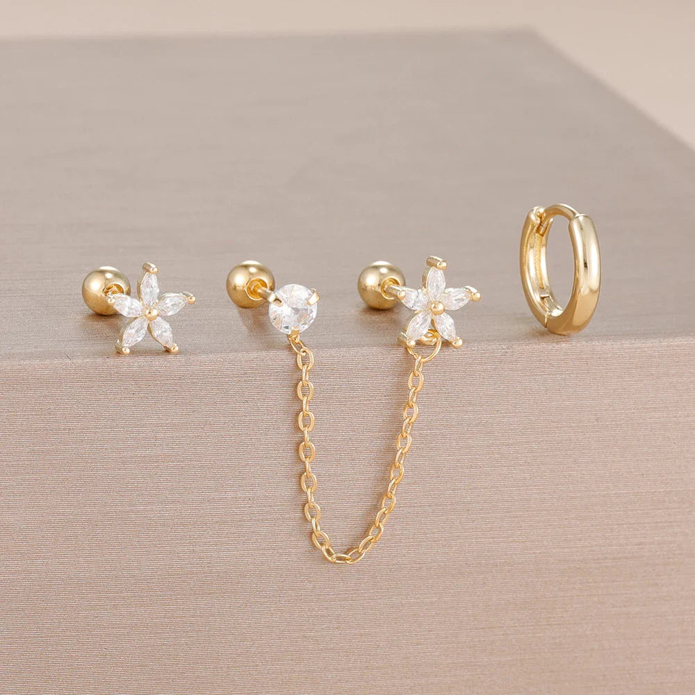 3PCS Zircon Flower Ear Stud Earrings-12