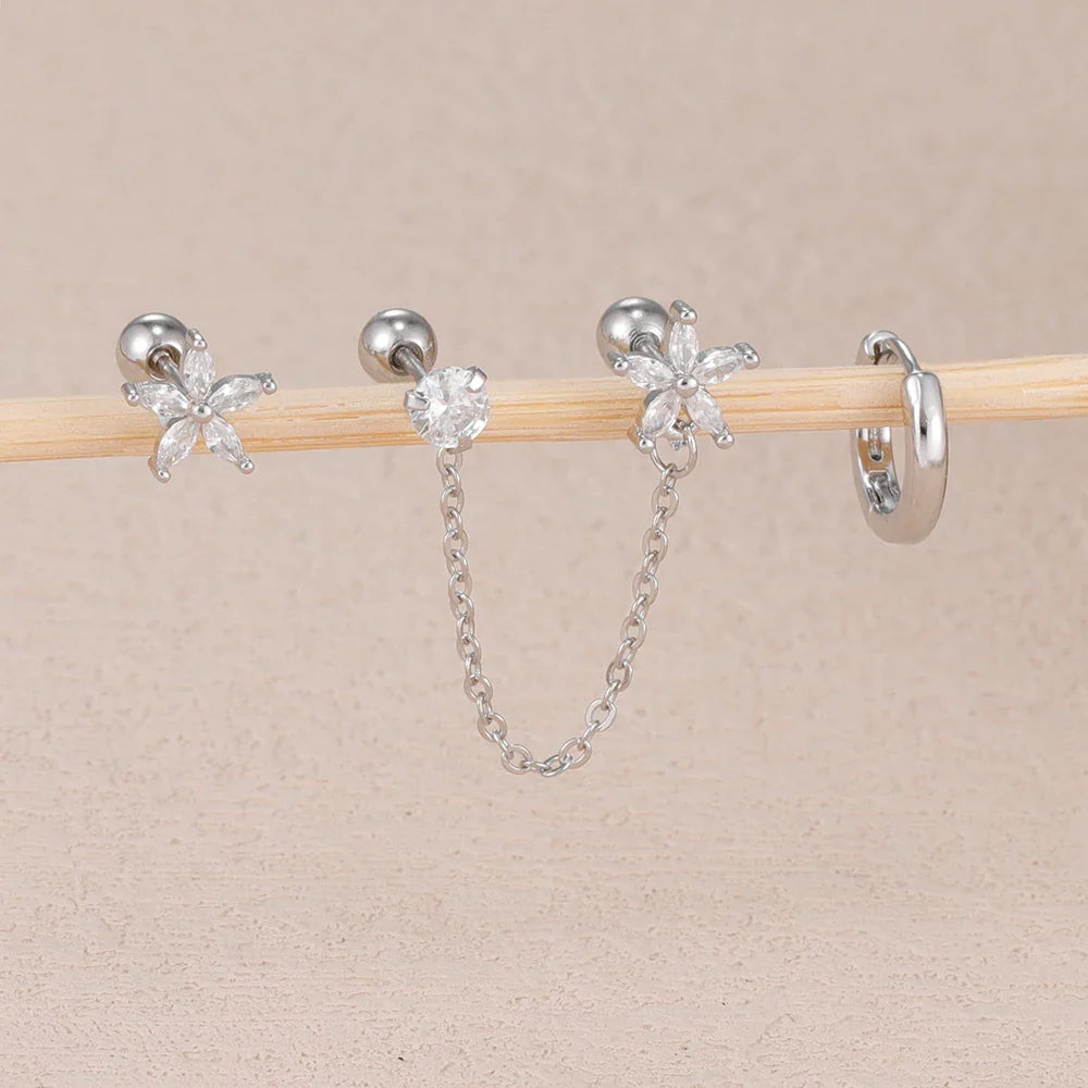 3PCS Zircon Flower Ear Stud Earrings-4