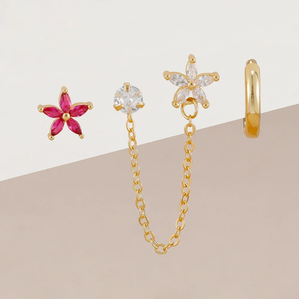 3PCS Zircon Flower Ear Stud Earrings-2