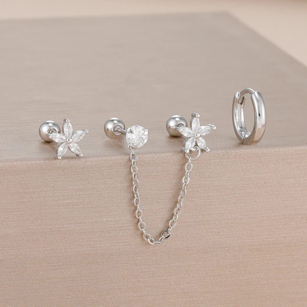 3PCS Zircon Flower Ear Stud Earrings-11