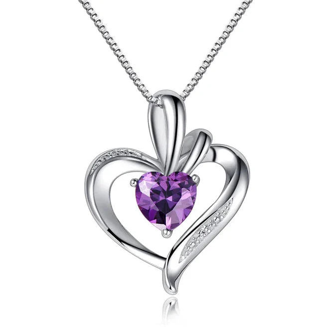 925 Silver Purple Zircon Heart Pendant Necklace-0