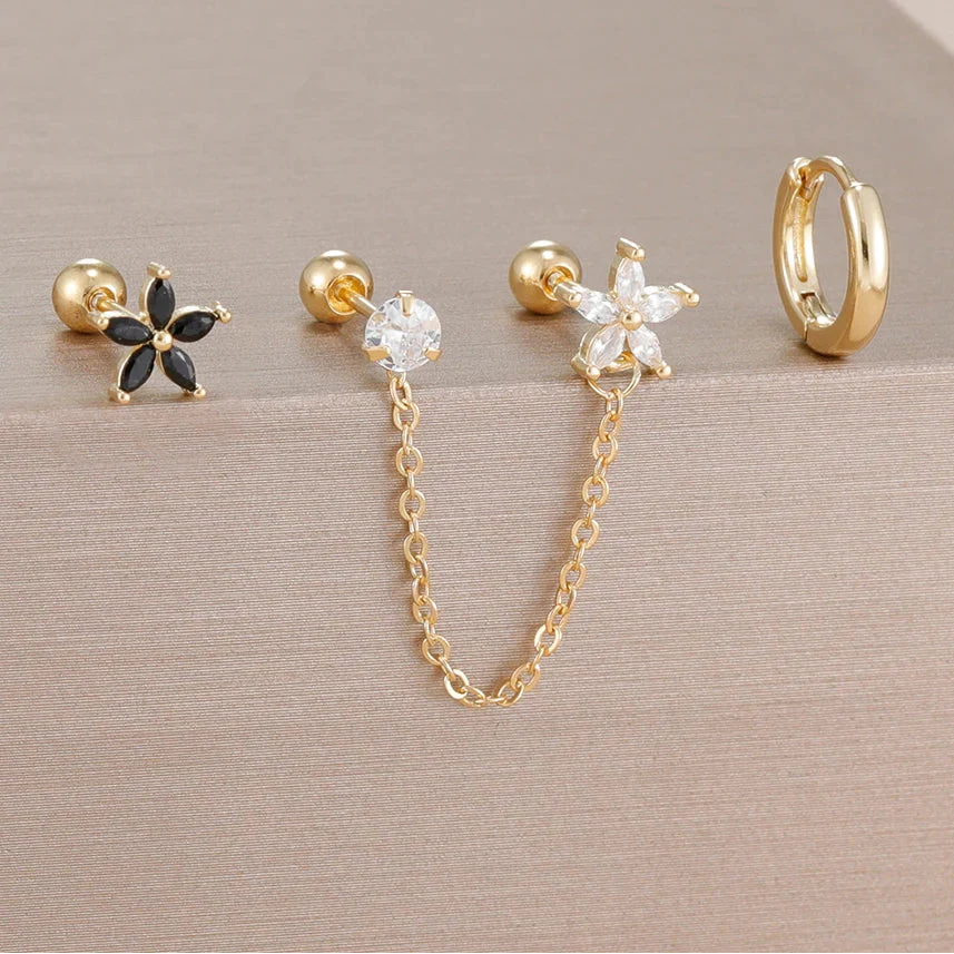 3PCS Zircon Flower Ear Stud Earrings-6