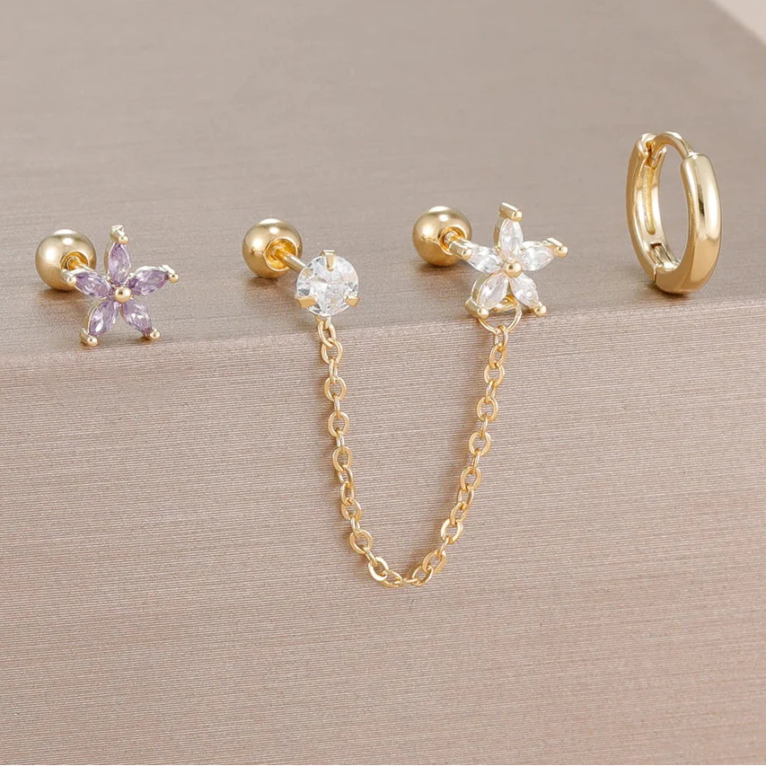 3PCS Zircon Flower Ear Stud Earrings-8