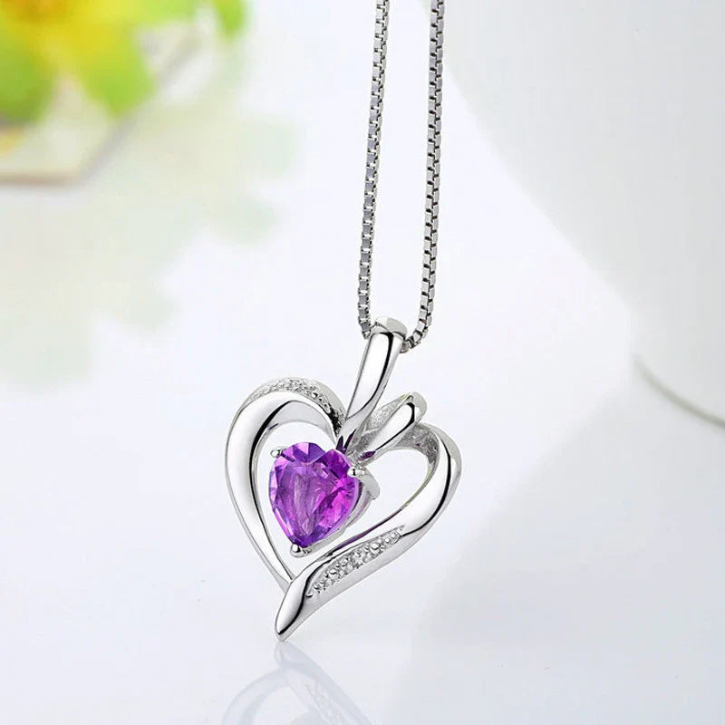 925 Silver Purple Zircon Heart Pendant Necklace-3