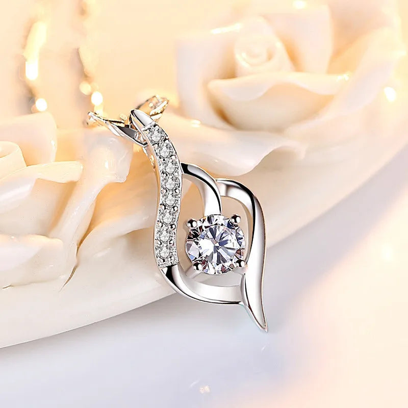 925 Silver Feather Zircon Pendant Necklace-3