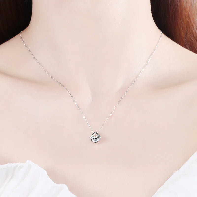 S925 Sterling Silver 1CT Moissanite Square Pendant Necklace-2