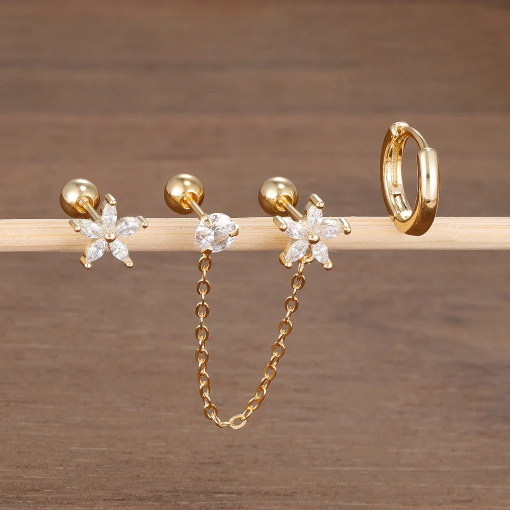 3PCS Zircon Flower Ear Stud Earrings-3