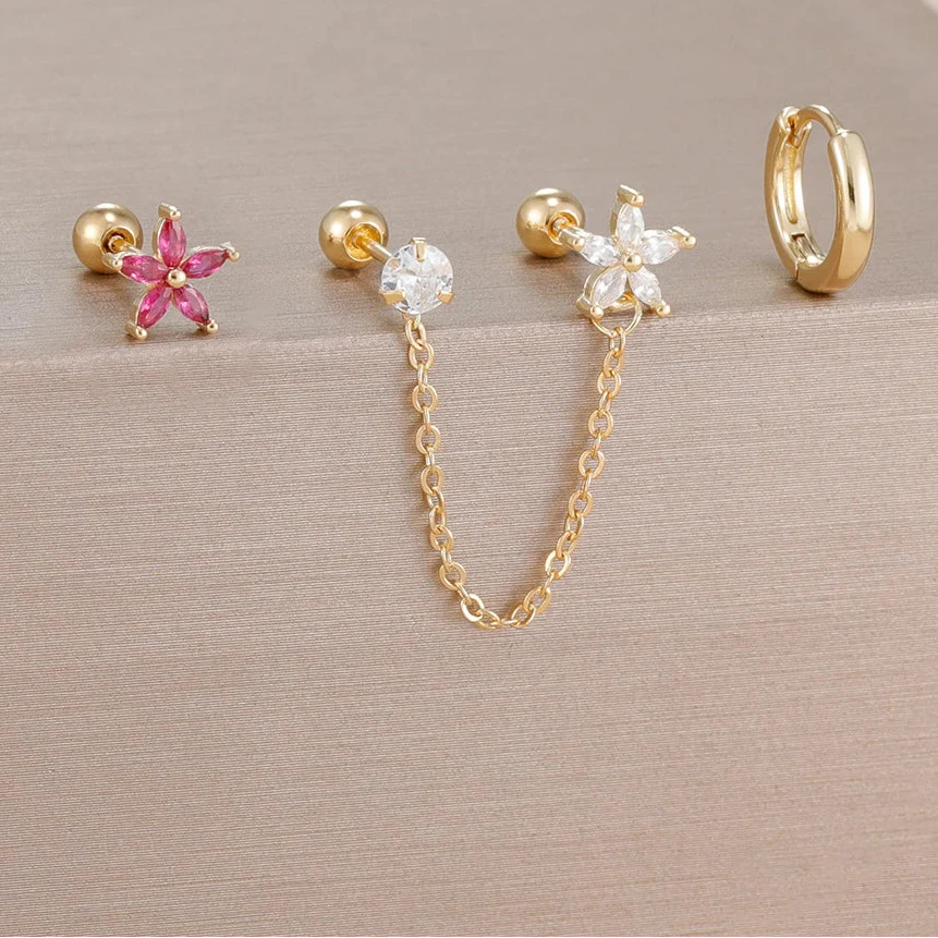 3PCS Zircon Flower Ear Stud Earrings-9