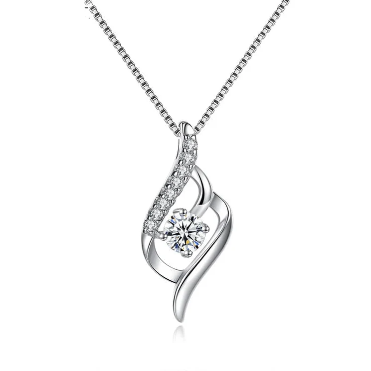 925 Silver Feather Zircon Pendant Necklace-0
