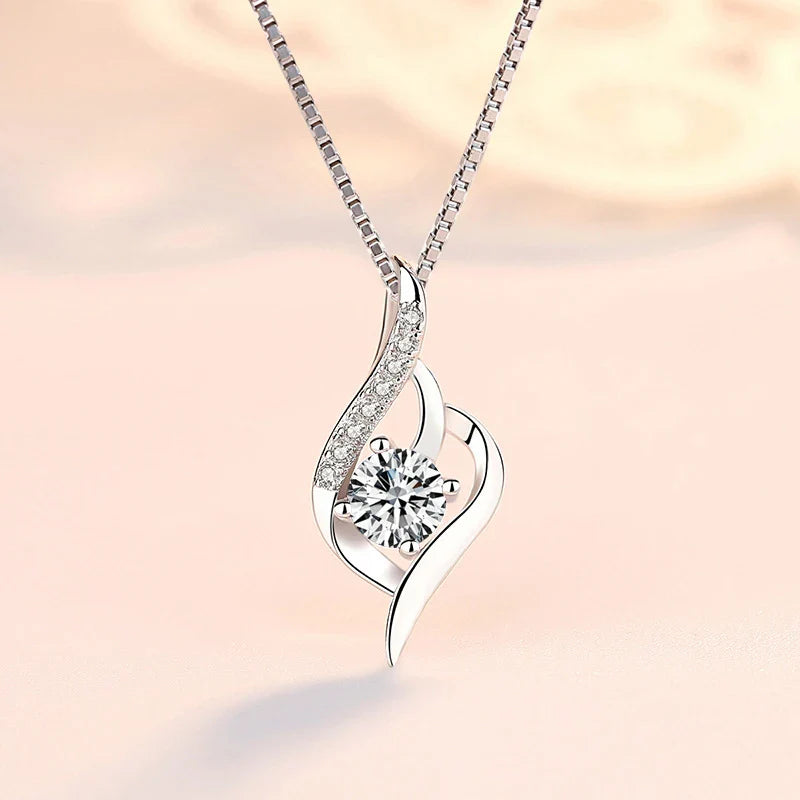 925 Silver Feather Zircon Pendant Necklace-2