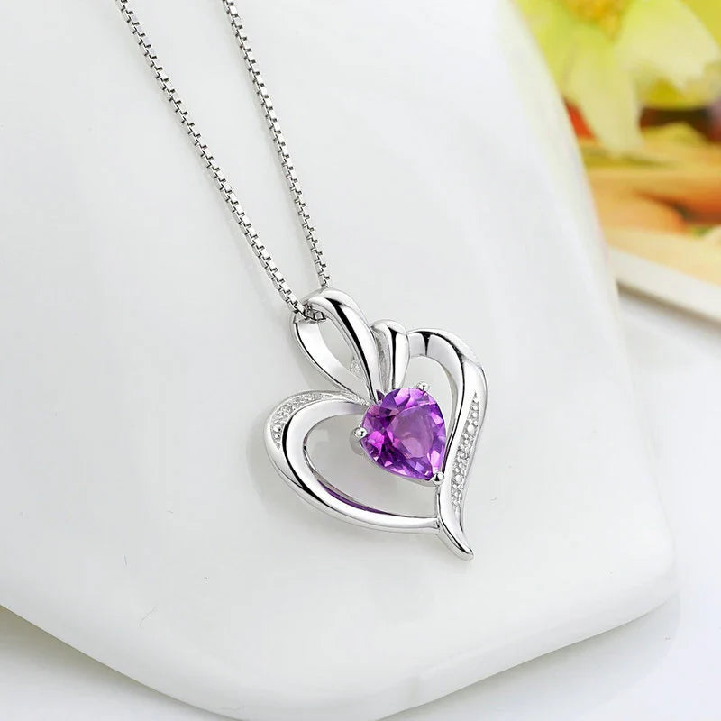 925 Silver Purple Zircon Heart Pendant Necklace-4