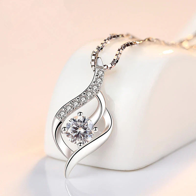 925 Silver Feather Zircon Pendant Necklace-4