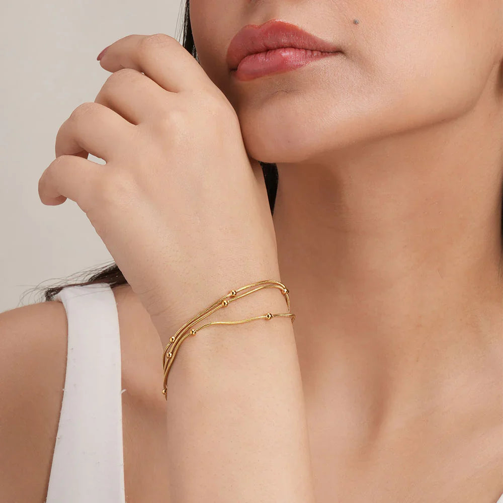Triple Layer Gold Chain Bracelet with Beads E-legant Women’s Jewelry-4